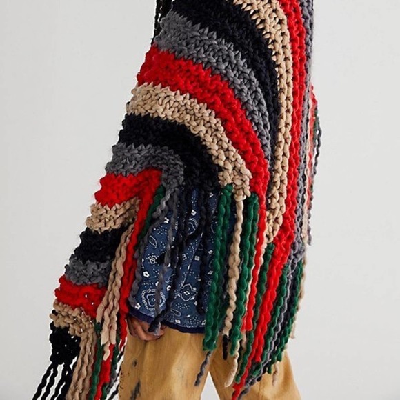 NEW Free People x Loopy Mango Hand Knit Multi Stripe Fringe Shawl - Picture 3 of 15